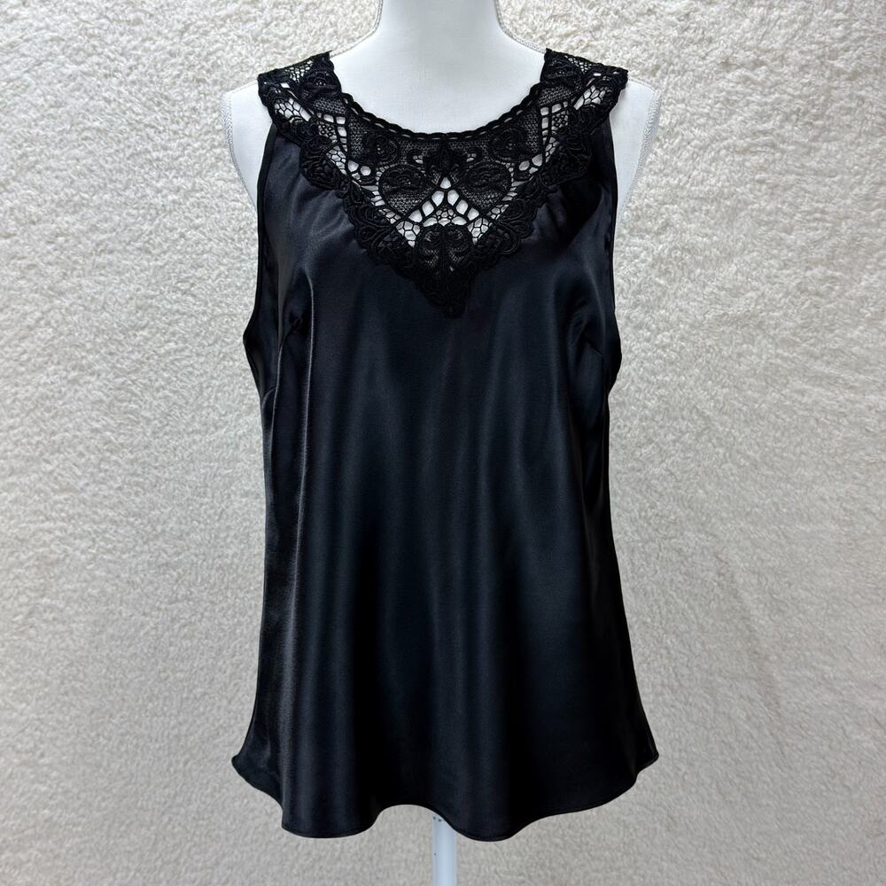 Lunaire Women L Black Missy Satin Camisole Tank Top Lace Embroidered Coquette